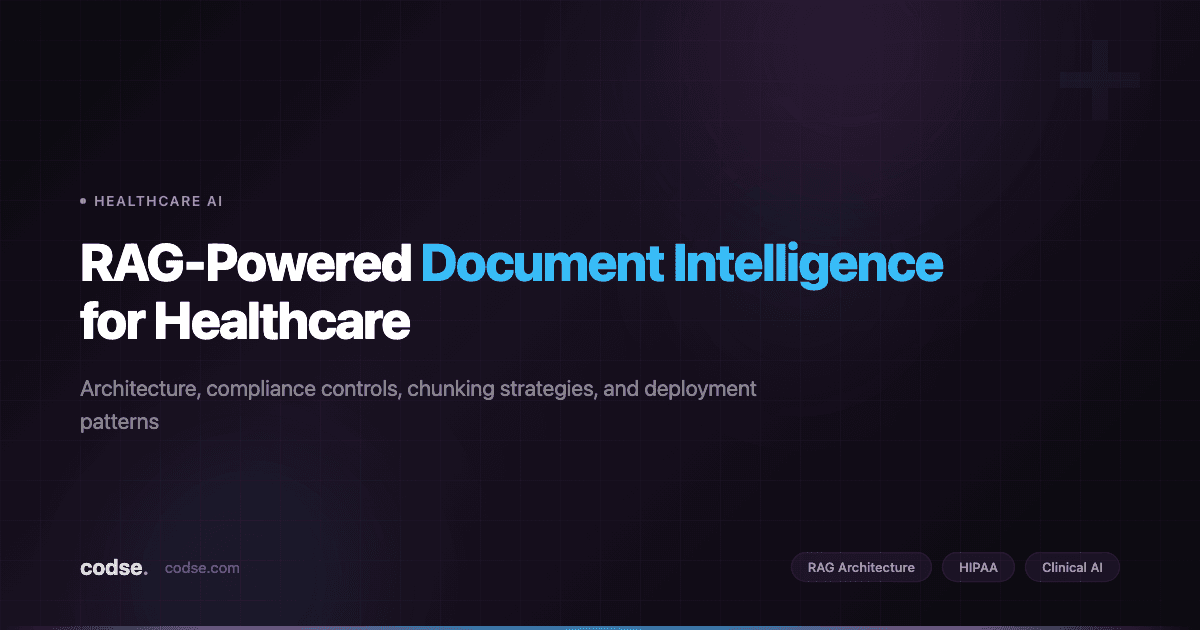 Illustration of a healthcare RAG document intelligence architecture showing document ingestion, retrieval, validation, and clinician review checkpoints.