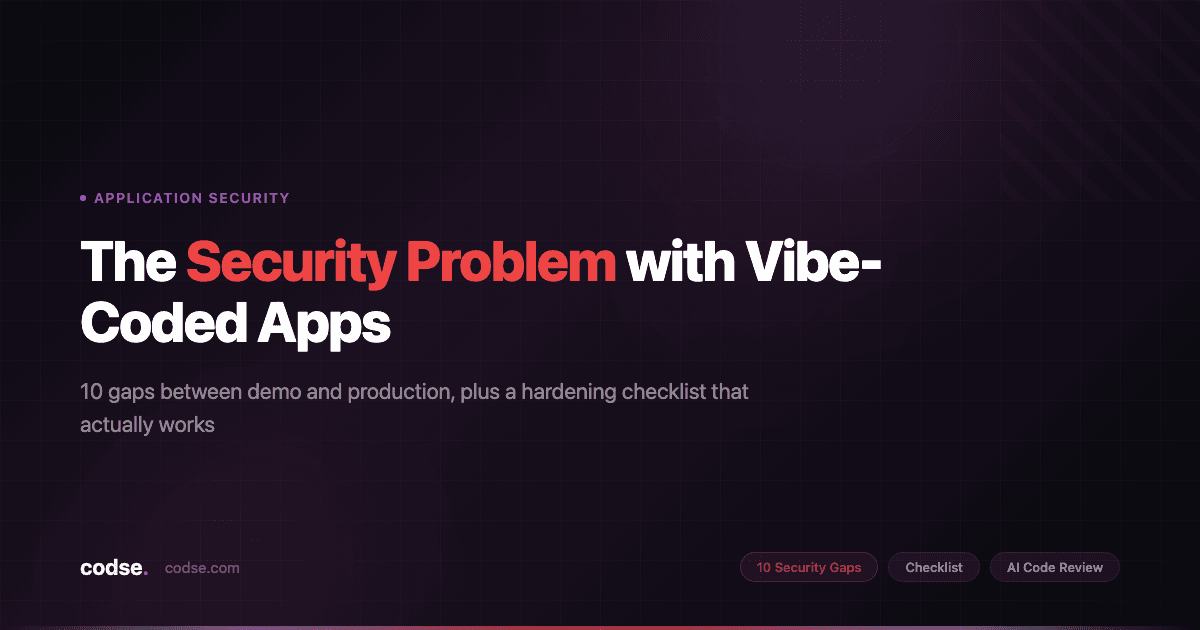Editorial hero illustration showing code blocks with security alerts transitioning into a production hardening checklist for vibe-coded apps.